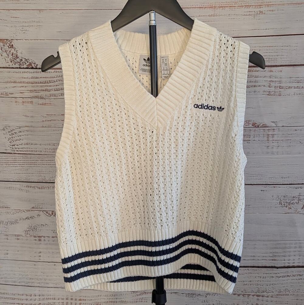 Adidas Originals Sweater Vest Womens M Cream Open Crochet Knit Tennis V-Neck M